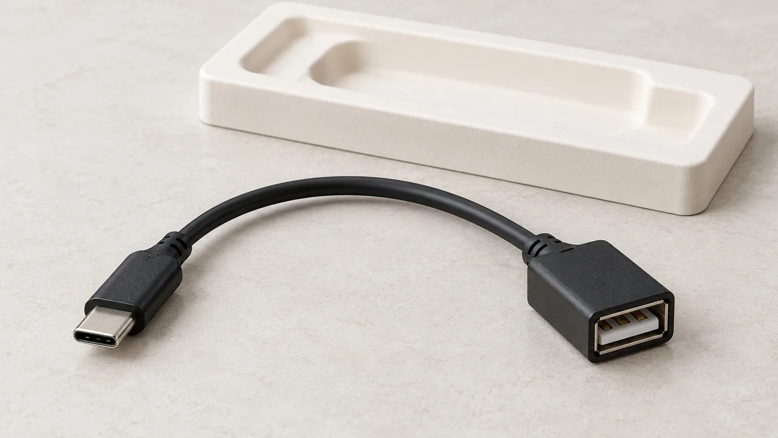 Общ USB адаптерен кабел с двата края на конектора, видими на неутрална повърхност за проверка