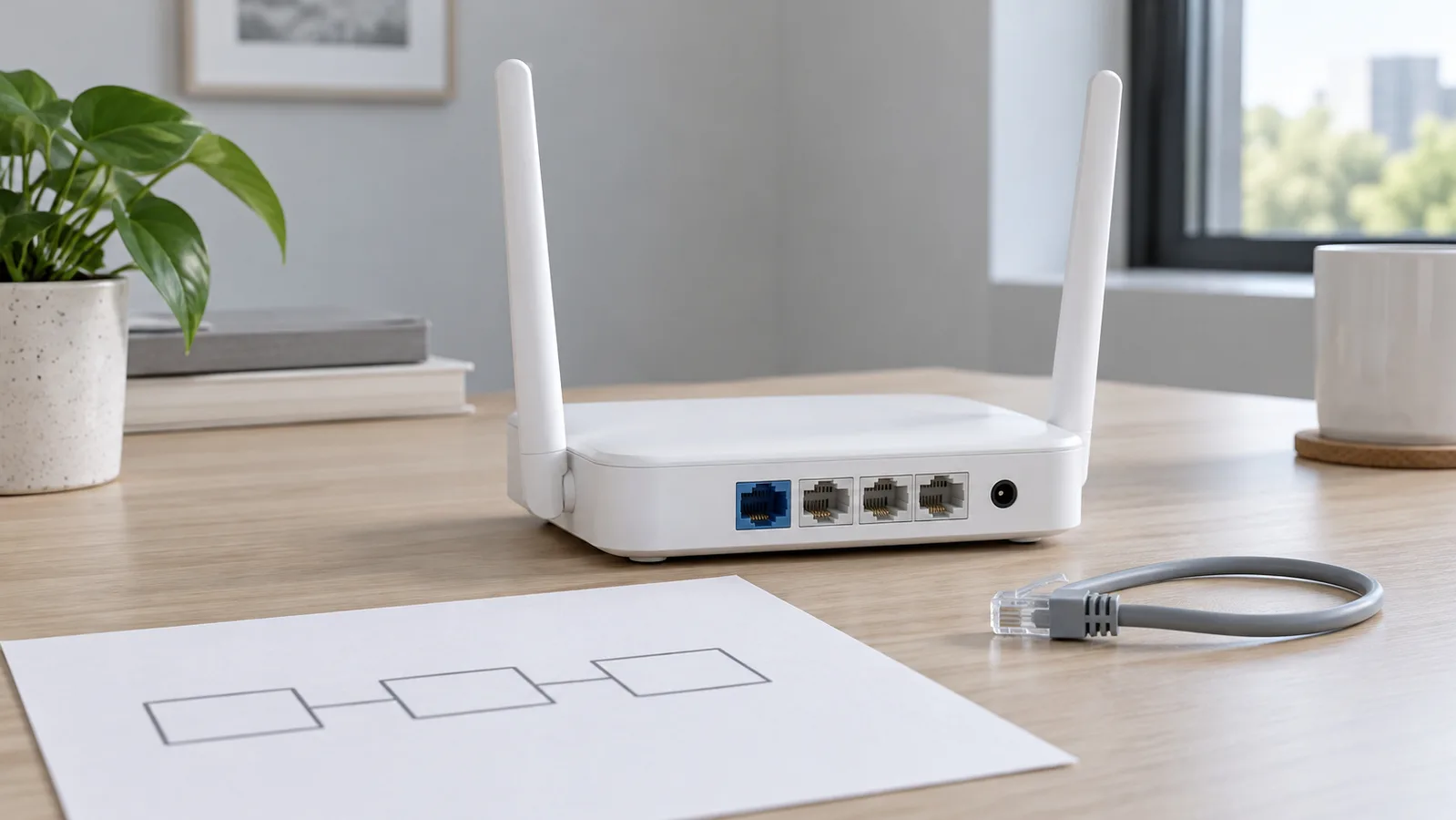 Бял настолен Wi-Fi рутер без марка с видими задни Ethernet портове до обикновена мрежова скица