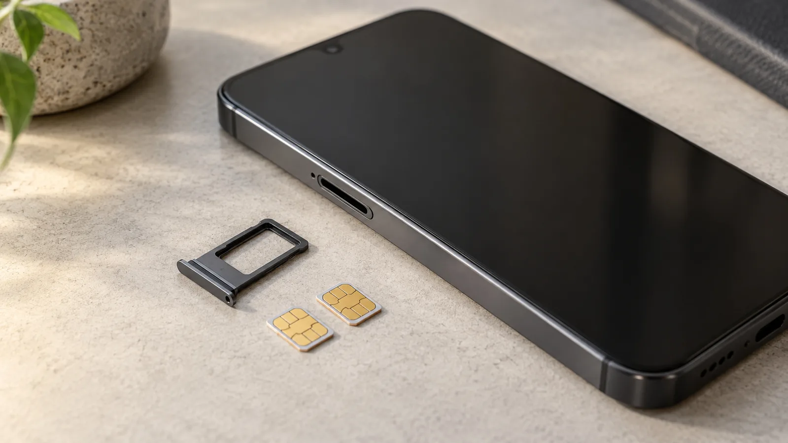 Смартфон без марка до отделна тава за SIM и две SIM карти, илюстриращ поддръжка на физическа карта
